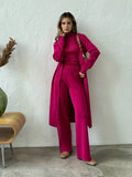 Fashionkova 3 Piece Set Tracksuit Comfy Outfit Loungewear Autumn Long Cardigan Coat + Turtleneck Vest + Pants Knitted Suits Outfits