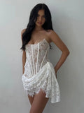 Fashionkova   Lace Strapless Ruched Sexy Mini Dress For Women Fashion Fishbone Off-shoulder Sleeveless Backless Club Party Dress