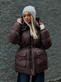 Fashionkova Christmas Gift Outfit Casual Solid Women Waist Drawstring Down Jackets Fashion Warm Long Sleeve Big Pockets Hoodie Coats Winter Thick Lady Streetwear