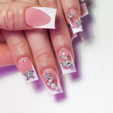 Fashionkova 24Pcs Long Coffin False Nails with Star Rhinestones Black Y2K Nail Art French Gradient Full Cover Press on Nail Tips for Girls