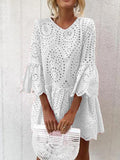 Fashionkova Elegant Hollow out Casual Party Dress Vacation Women V-neck Chic Sexy Dresses Flare Sleeve Office Ladies Cotton Linen Vestidos