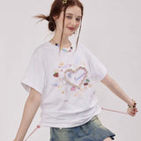 Fashionkova Y2k T-shirt Oversize Women Summer Loose Harajuku Drawstring Top O-Neck 3D Heart Printed Short Sleeve Graphic T Shirts