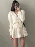 Fashionkova Casual Knitted 2 Piece Set Single Breasted V-neck Top + High Waist Mini Pleated Skirt Autumn Spring Korean Fashion Solid Outfits