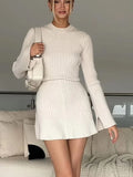 Fashionkova Women Solid Ribbed Pattern Knitted A-line Dress Women Fashion O-neck Flare Sleeve Mini Dresses Autumn Lady High Streetwear