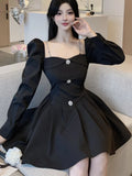 Fashionkova Korean Style Solid Mini Dress Women Long Sleeve Square Collar Spring Fashion High Waist Female Birthday Party Vestidos Mujer