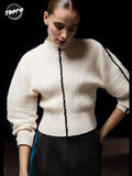Fashionkova Women Elegant Contrast Stitching Knitted Pullover Casual O-neck Long Sleeves Warm Sweater 2024 Lady Autumn Commute Streetwear