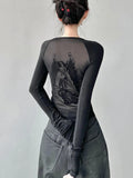 Fashionkova HOUZHOU Gothic See Through Angel Graphic Print T-shirt for Women Goth Punk Slim Fit Sexy Mesh Y2k Long Sleeve Grunge Transparent