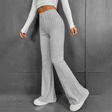 Fashionkova  Fall New 2023 Solid Wide Pit Stripe Casual Knitted Wide-Legged Pants For Women Keep Warm In Autumn And Winter Streetwea