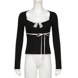 Y2K Lace Patchwork Top Contrast Color Women Autumn Spring Ribbon Lace-up Bow Coquette T-shirts Cute Causal Basics Tees