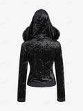 Fashionkova Christmas outfit ROSEGAL Plus Size Gothic Fur Coats Black Full Zipper Applique Panel Fur Trim Fluffy Collar Long Sleeves Velvet Coat Outwears