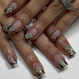 Fashionkova 24Pcs Long Coffin False Nails with Star Rhinestones Black Y2K Nail Art French Gradient Full Cover Press on Nail Tips for Girls