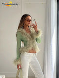 Fashionkova Christmas gift Christmas outfit Elegant Green Patchwork Feather Slim Fit Synthetic Fur Jacket Woman Splicing Long Sleeved V-neck Short Jacket Female Streetwear