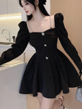 Fashionkova Korean Style Solid Mini Dress Women Long Sleeve Square Collar Spring Fashion High Waist Female Birthday Party Vestidos Mujer