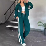 Fashionkova Y2K Striped Zipper Coat+sweatpants Two Piece Set Women Casual Batwing Sleeve Sports Jacket Outfits Autumn Winter Sweatshirt Suit