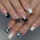 Fashionkova 24Pcs Long Coffin False Nails with Star Rhinestones Black Y2K Nail Art French Gradient Full Cover Press on Nail Tips for Girls
