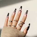 Fashionkova 24Pcs Long Coffin False Nails with Star Rhinestones Black Y2K Nail Art French Gradient Full Cover Press on Nail Tips for Girls