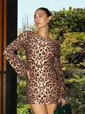 Fashionkova Sequins Leopard Print Mini Dress Women O-neck Long Sleeve Loose Chic Glitter Short Street Dresses Holiday Party Evening Robe