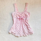 FashionKova-Women's Sweet and cute fairy tale style Y2K casual slim crop top polka dot kawaii bow lace all-match American Gothic cartoon top