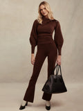 Fashionkova Slim Lantern Long Sleeved Fashion Knitted Sweater Set High Waisted Burgundy Women's Pants Suits Autumn Commute Office Streetwear