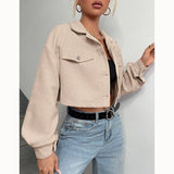 Fashionkova Spring Drop Shoulder Flap Detail Crop Corduroy Jacket Long Sleeve Chic Short Coats