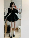 Winter French Elegant One Piece Dress Women Black Patchwork Vintage Party Mini Dress Female Korean Style Sweet Chic Dress 2023