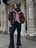 Fashionkova Vintage Solid Lapel Collar Zipper Women's Pu Leather Jacket Fashion Long Sleeve Pockets Short Loose Coat Autumn Winter Outerwear