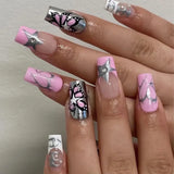 Fashionkova 24Pcs Long Coffin False Nails with Star Rhinestones Black Y2K Nail Art French Gradient Full Cover Press on Nail Tips for Girls