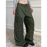 Fashionkova Green Jeans Women Multiple Pockets Y2K Vintage High Waisted Jean Straight Trouser Streetwear Casual Loose Wide Leg Denim Pants