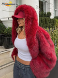 Fashionkova Christmas gift Christmas outfit Women Fashion Turn-down Collar Winter Warm Jacket 2025 Christmas Red Hooded Fluffy Faux Fur Coats Casual High Street Outerwear