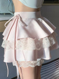 Pink Vintage Sweet Mini Skirt Women Lace-up Japanese Lolita Kawaii Cake Skirt Female Lace Korean Cute Fairy Skirts Summer 2023