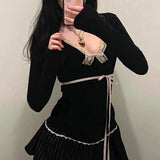 Y2K Lace Patchwork Top Contrast Color Women Autumn Spring Ribbon Lace-up Bow Coquette T-shirts Cute Causal Basics Tees