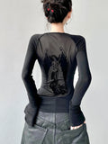 Fashionkova HOUZHOU Gothic See Through Angel Graphic Print T-shirt for Women Goth Punk Slim Fit Sexy Mesh Y2k Long Sleeve Grunge Transparent