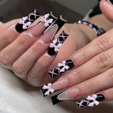 Fashionkova 24Pcs Long Coffin False Nails with Star Rhinestones Black Y2K Nail Art French Gradient Full Cover Press on Nail Tips for Girls