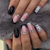 Fashionkova 24Pcs False Nails Black French Square Head Striped Rhinestone Manicure Full Cover Nail Tips Detachable Fake Nails Press on Nails