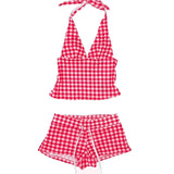 FashionKova-American Retro Y2K Aesthetic Women's Summer Bikini Set Sexy Slim Chic Plaid Print Swimsuit 2-Piece Set Halter Neck Beach Outfit