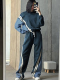 Fashionkova Contrast Striped Women Pullover Set Wide Leg Elastic Waist Pants Suits 2024 Autumn O-neck Denim Patchwork Top Trousers Outfits