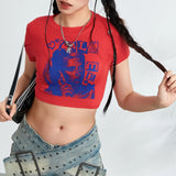 Fashionkova 2024 New Fashion Women's Summer Baby Tee Cartoon Portrait Letter Print Short Sleeve Round Neck Crop Tops Cute Streetwear