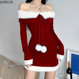 Fashionkova Christmas outfit 2024 Sexy Red Christmas Dress Women Winter Y2k Plush Patchwork Off Shoulder Party Mini Dress Korean Fashin Elegant Bodycon Dress