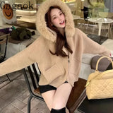 Fashionkova Christmas Gift outfit Gagaok Hooded Fur Collar Knitted Cardigan Coat 2024 Autumn Winter Clothes Zipper Sweater Coat Gentle Pocket Slim Jackets