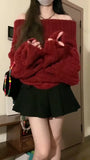 Fashionkova Christmas outfit Women Red Pullover Knitted Sweater Harajuku Y2k Long Sleeves Slash Neck Sweater Jumper Vintage 2000s Aesthetic Clothes 2024