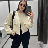 Fashionkova Woman Bomber Jacket Coat White Autumn Winter Button Baseball Aviator Cropped Jackets for Women Long Sleeve Crop Outerwear