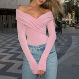 Fashionkova Sexy Off Shoulder Bodysuits Women Fashion Black Crossed Folds Skinny Rompers Long Sleeve Fashion Streetwear Autumn Bodysuits New