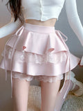 Pink Vintage Sweet Mini Skirt Women Lace-up Japanese Lolita Kawaii Cake Skirt Female Lace Korean Cute Fairy Skirts Summer 2023