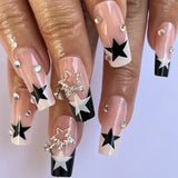 Fashionkova 24Pcs Long Coffin False Nails with Star Rhinestones Black Y2K Nail Art French Gradient Full Cover Press on Nail Tips for Girls