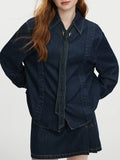 Fashionkova FSLE Women Denim Sets Removable Lace-up Design Dark Blue Long Sleeve Shirts Back Zipper Placket Mini Skirt 24FS13266+24FS13268