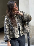 Fashionkova Fashion Leopard Printed Single-breasted Short Jacket Loose O-neck Long Sleeve Warm Coats 2024 Lady Commute High Street Outerwear