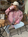 Fashionkova Women Sweet Pink Floral Print O-neck Cotton Coats Fashion Single Breasted Full Sleeve Oversized Jackets 2024 Lady Chic Outerwear