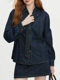 Fashionkova FSLE Women Denim Sets Removable Lace-up Design Dark Blue Long Sleeve Shirts Back Zipper Placket Mini Skirt 24FS13266+24FS13268