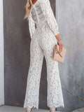 Fashionkova  Elegant Women Lace Wide Leg Pants Jumpsuits Solid Color Long Sleeve High Waist V Neck Floral Rompers Streetwear 2024