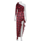 Fashionkova Christmas gift Christmas outfit Floral Printed Fashion Sexy Women Chiffon Dresses One Shoulder Sleeveless Regular Casual High Split Slim Sheath Vestidos Robes